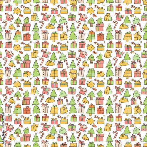 Brightly colored Christmas pattern featuring dense, seamless repetition of holiday doodle icons, trees, and gifts.