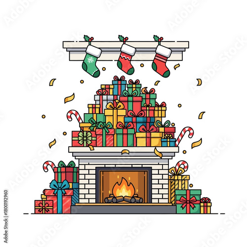 Cozy Stylized Flat Lay Fireplace Hearth Scene With Hanging Holiday Stockings And Massive Wrapped Presents