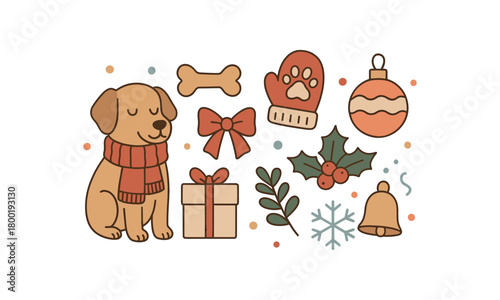 Cozy Christmas flat vector illustration collection of cute festive icons dog with scarf bone cookie paw mitten gift ornament ball ribbon bow holly sprig bell snowflake confetti dots