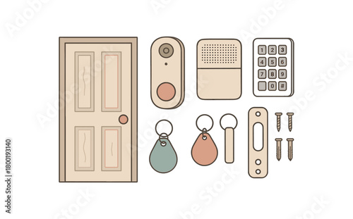 flat vector handdrawn soft palette clean outlines white background door entry video doorbell keypad key tags latch sensor mounting kit no logos no gloss