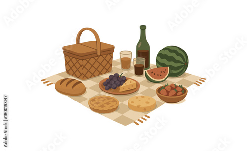 colored flat vector illustration of picnic party with basket blanket and food natural muted tones easy to read composition isolated on white background