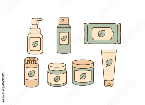 flat vector handdrawn soft palette clean outlines white background shoe care cleaning foam pump waterproofing spray sneaker wipes soft pack deodorizer powder can suede cleaner jar