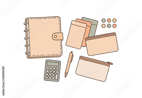 flat vector handdrawn soft palette clean outlines white background budget binder cash envelopes zipper pouch calculator pen sticker dots no logos no gloss
