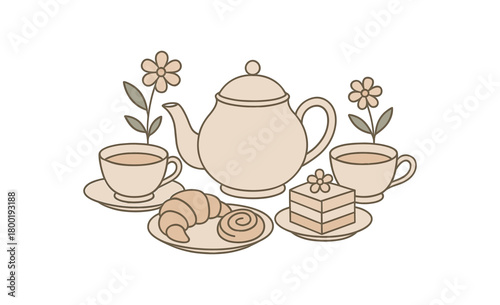 flat vector outline illustration of tea party with cups pastries and flowers simple elegant line art soft muted tones isolated on white background