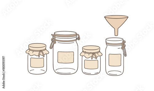 flat vector handdrawn soft palette clean outlines white background zero contain pantry jars clamp lids cloth covers label tags blank funnel no logos no gloss