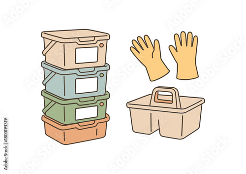 flat vector handdrawn soft palette clean outlines white background recycle sort stackable bins icon cards blank sticker dots gloves caddy no logos no gloss