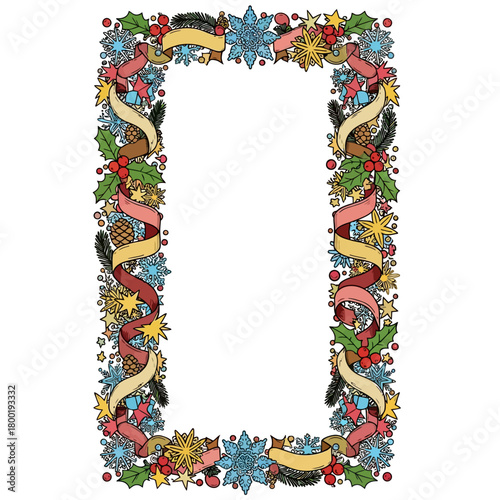Detailed simplified Christmas rectangular border frame featuring interconnected festive doodle elements.