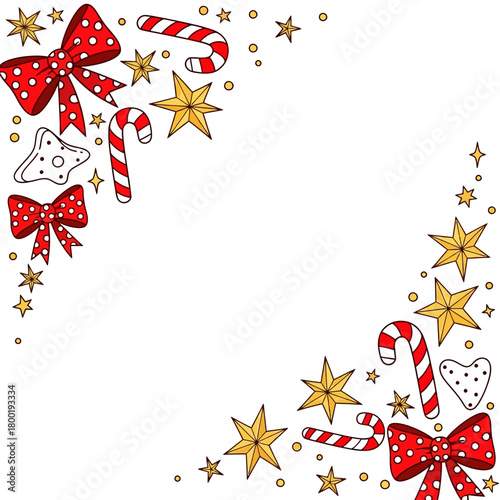 Dynamic flat holiday template design featuring festive doodle bows, candy canes, and exploding golden stars.