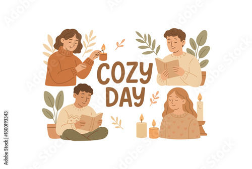 Playful vector illustration with handlettered text COZY DAY surrounded by people wearing sweaters lighting candles reading near plants flat hygge lifestyle vector illustration soft beige