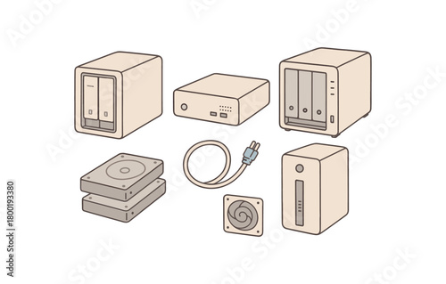 flat vector handdrawn soft palette clean outlines white background small office server pc nas box drives ethernet cable vent filter no logos no gloss