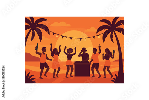 flat vector illustration of beach party at sunset