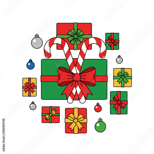 Geometric composition, vibrant holiday arrangement featuring candy canes, large red bow, and neatly stacked modern gift boxes.