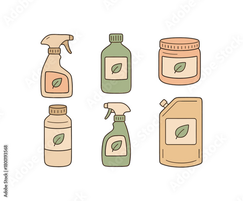 flat vector handdrawn soft palette clean outlines white background pet care cleaning stain remover spray enzyme cleaner bottle odor neutralizer gel jar litter deodorizer shaker fabric