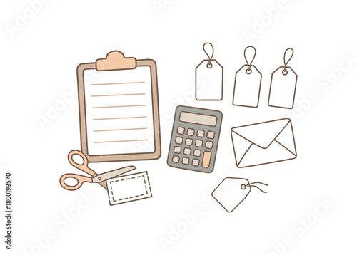 flat vector handdrawn soft palette clean outlines white background grocery budget shopping list pad price tags blank calculator coupon scissors envelope no logos no gloss