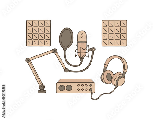 flat vector handdrawn soft palette clean outlines white background podcast setup mic boom pop filter audio interface headphones foam tiles no logos no gloss