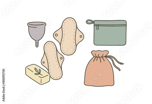 flat vector handdrawn soft palette clean outlines white background zero contain period low waste cup cloth pads wet bag gentle soap pouch no logos no gloss