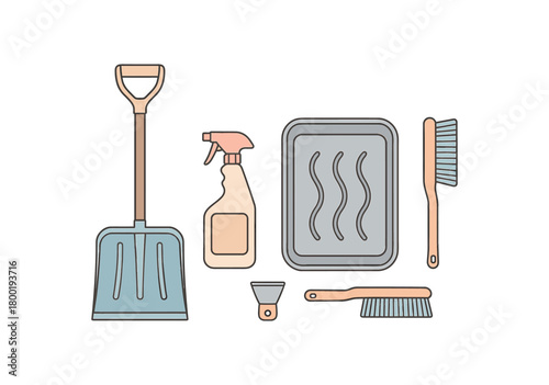 Flat vector winter cleaning: snow shovel deicer bottle boot tray scraper brush pastel palette clean outlines minimal centered isolated on white no logos