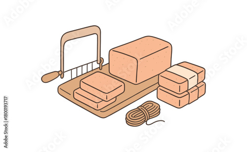 flat vector handdrawn soft palette clean outlines white background zero contain soap cut loaf on board wire cutter bar stack paper band blank twine no logos no gloss
