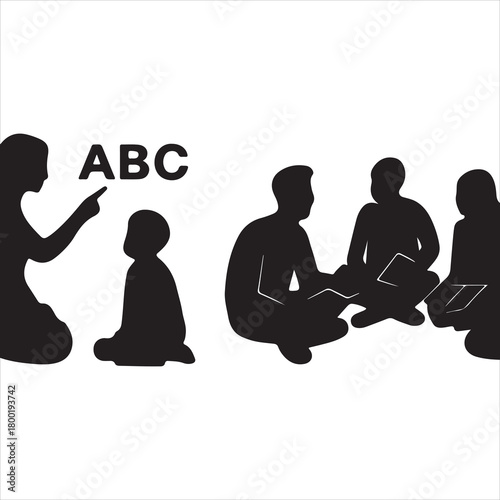Adult silhouette pointing at 'abc' while a group of diverse student silhouettes, including a child, sit in a circle for a foundational literacy and education class. isolated on a white background