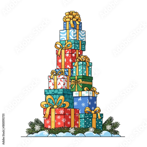 Massive stack of vibrantly wrapped Christmas presents featuring modern patterns, shiny gold ribbons, and snowy pine branches.