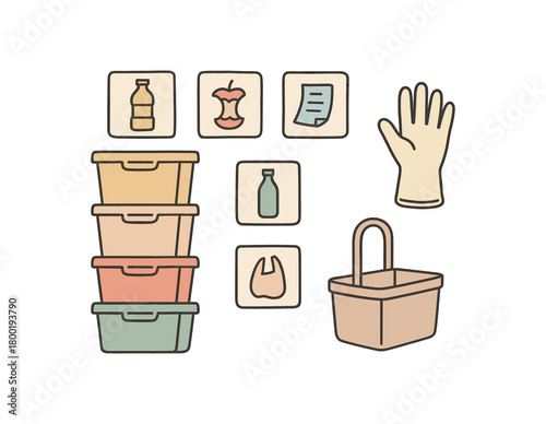 flat vector handdrawn soft palette clean outlines white background zero contain recycle sort stackable bins icon cards blank glove caddy no logos no gloss