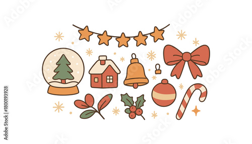 Cozy Christmas flat vector illustration collection of cute festive icons snow globe with tree tiny house garland snowy flakes bell ornament ribbon bow candy cane holly sprig sparkles