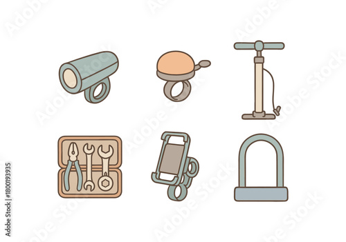 flat vector handdrawn soft palette clean outlines white background bike tech smart light bell floor pump tool kit phone mount lock no logos no gloss