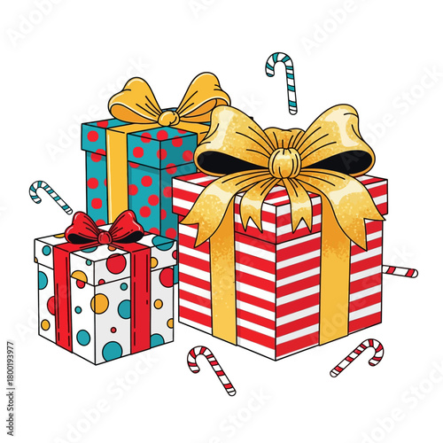 Oversized, vibrantly colored, simplified Christmas gifts wrapped in striped and polka dot patterns, featuring massive gold bows and scattered candy canes.