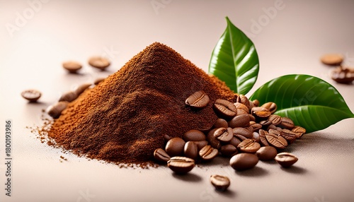 Pile Of Instant Coffee Granules Roasted Coffee Beans And Green Leaves Freeze Dried