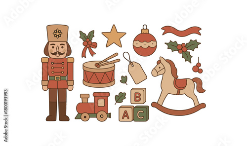 Cozy Christmas flat vector illustration collection of cute festive icons nutcracker drum toy train rocking horse blocks ornament ribbon holly gift tag arranged horizontal composition
