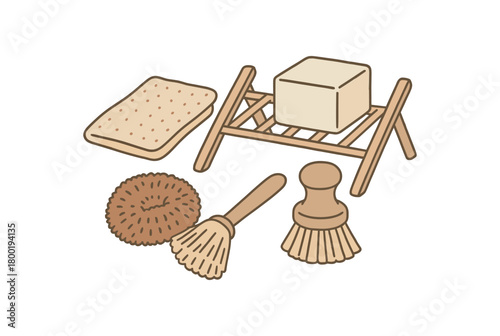 flat vector handdrawn soft palette clean outlines white background cleaning solids dish scrub brush wood coconut scourer cloth rack no logos no gloss