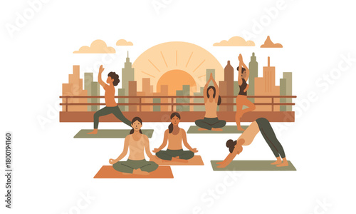 colored flat vector illustration of rooftop yoga party with mats skyline and sunrise muted tones modern flat vector palette isolated on white background