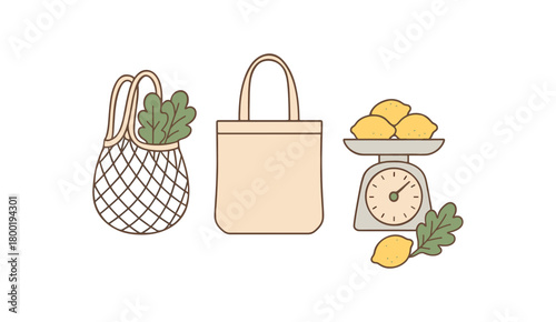 Flat vector produce shopping set: mesh bags cotton tote produce scale lemons and greens pastel palette clean outlines minimal centered isolated on white no logos