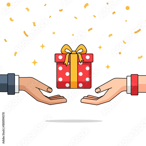 Stylized modern hands exchanging a beautifully wrapped gift box tied with a decorative bow and floating golden confetti.