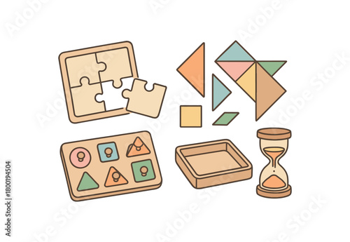 flat vector handdrawn soft palette clean outlines white background puzzle time wooden jigsaw tangram pieces knob puzzle sorting board storage tray sand timer no logos no gloss