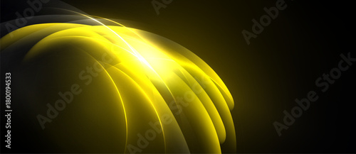 Abstract golden shapes radiate light. Curved layers create dynamic visual impact against dark background. Brightness emphasizes form, texture.