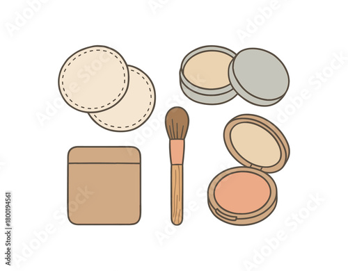 flat vector handdrawn soft palette clean outlines white background makeup low waste reusable pads balm tin refill case bamboo brush compact refillable no logos no gloss