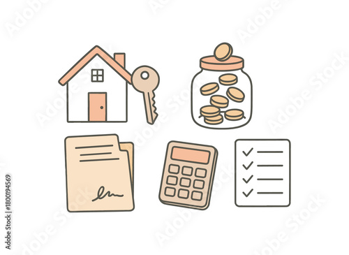 flat vector handdrawn soft palette clean outlines white background home purchase plan house key savings jar contract folder calculator checklist card no logos no gloss