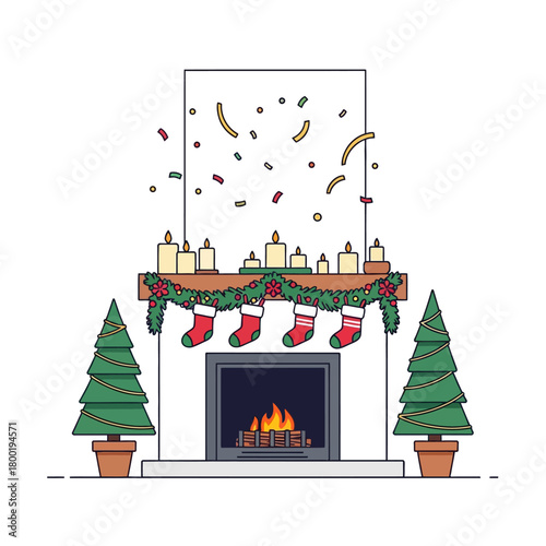 Template Background Layout Corner With Modern Fireplace Mantel, Christmas Stockings, And Swirling Confetti.