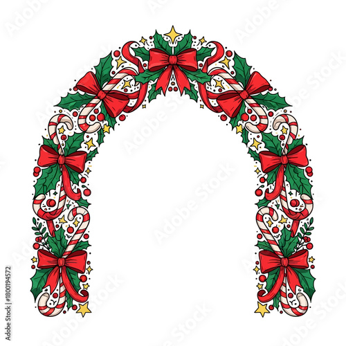 Symmetrical Ornate Arch Border Frame Featuring Interwoven Stylized Christmas Doodle Elements, Candy Canes, Holly Leaves, and Ribbon Bows.