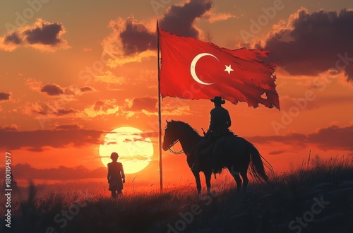Horseman With Turkish Flag at Sunset Near a Small Figure in Rural Landscape