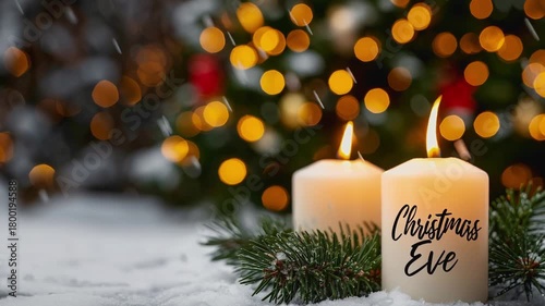 Christmas Eve evening, candles burning in the snow near the Christmas tree, snowing, video wishing a Merry Christmas and a Happy New Year
