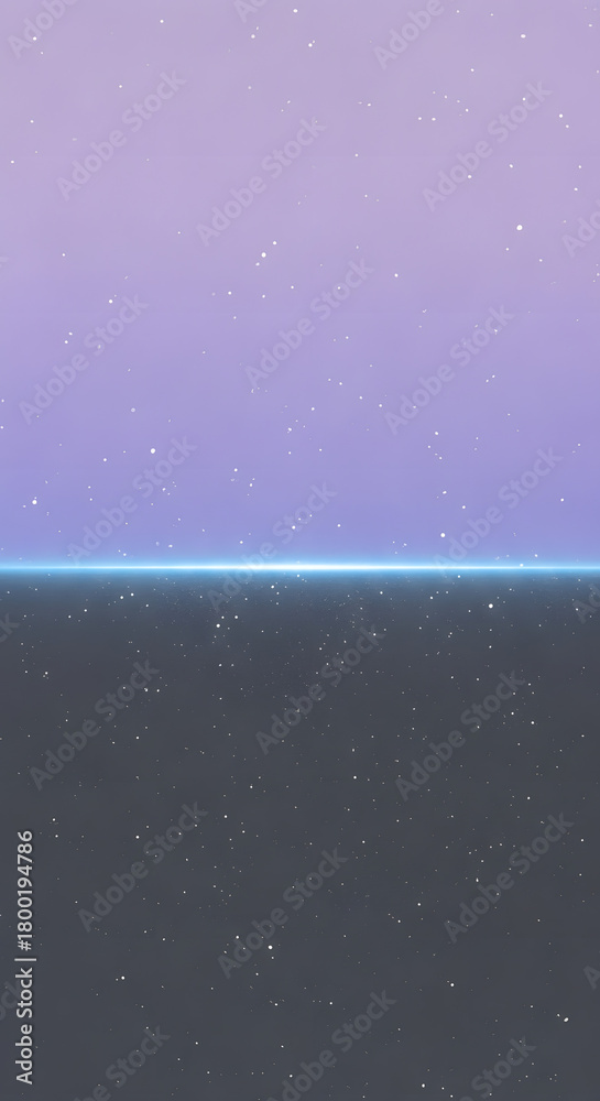 Obraz premium A serene cosmic horizon with a glowing blue line separating a purple starry sky from a dark, star-dusted surface.