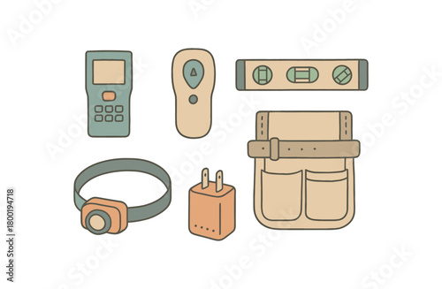 flat vector handdrawn soft palette clean outlines white background workshop tech laser measure stud finder level headlamp battery pack tool pouch no logos no gloss