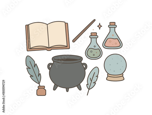 flat vector handdrawn soft palette clean outlines white background magic school blank spell book wand potion bottles cauldron crystal ball feather quill no logos no gloss