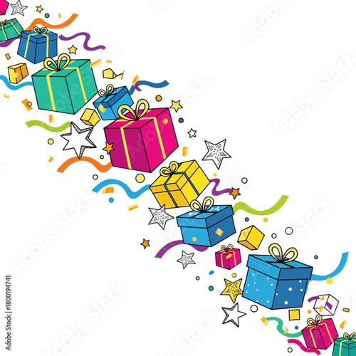 Vibrant Diagonal Cascade of Stylized Geometric Gift Boxes, Confetti, and Ribbon Streamers.