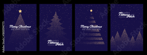 Set of four christmas and Happy New Year vector card designs with festive trees and starry night background for holiday greeting.