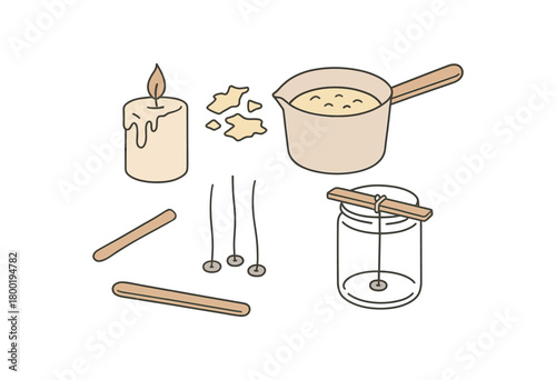 flat vector handdrawn soft palette clean outlines white background zero contain candle remelt wax scraps melting pot wick set jar stir stick no logos no gloss