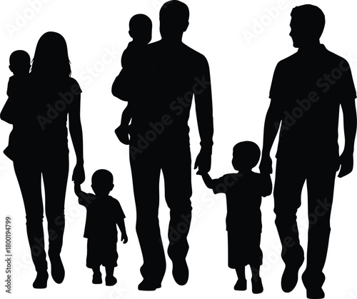 Black silhouette of a family walking together with children parents