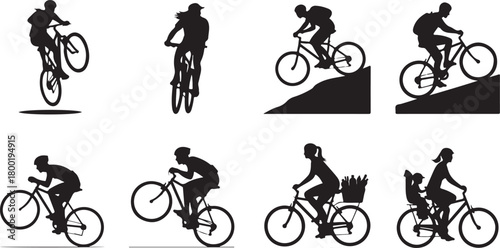 Black silhouettes of people riding bicycles in various poses and settings cycling